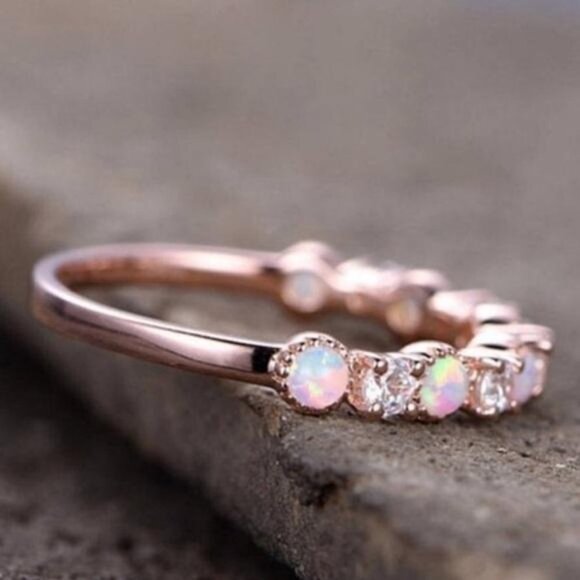 18K ROSE GOLD DIAMOND OPAL HALF ETERNITY RING, CUTE RING, SHINY RING. - Picture 5 of 5